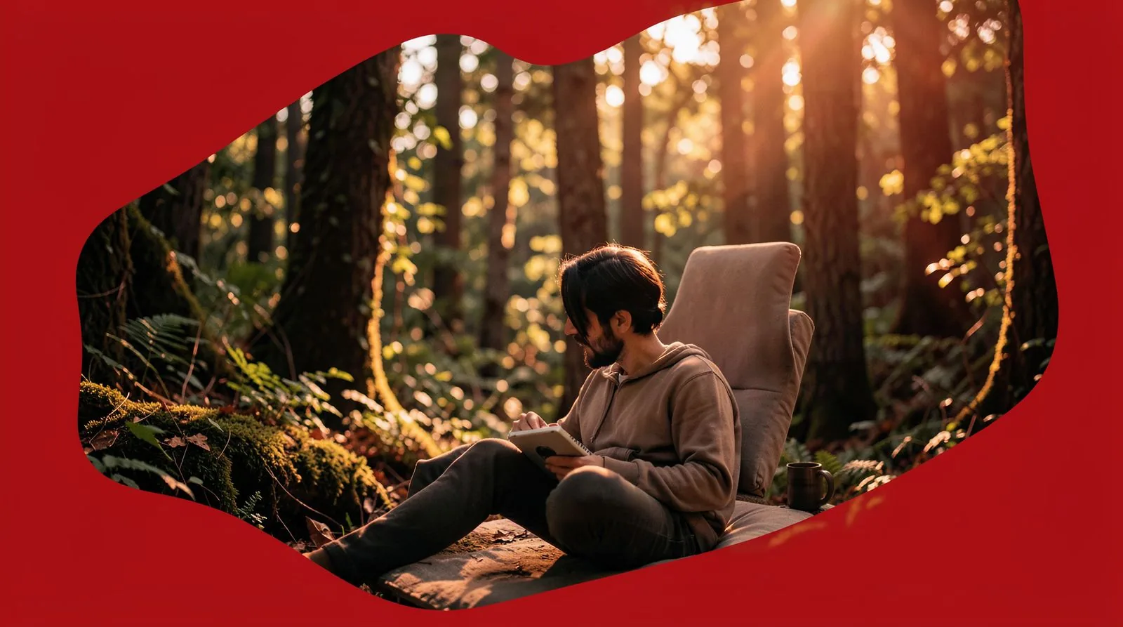 Serene traveler in a forest setting