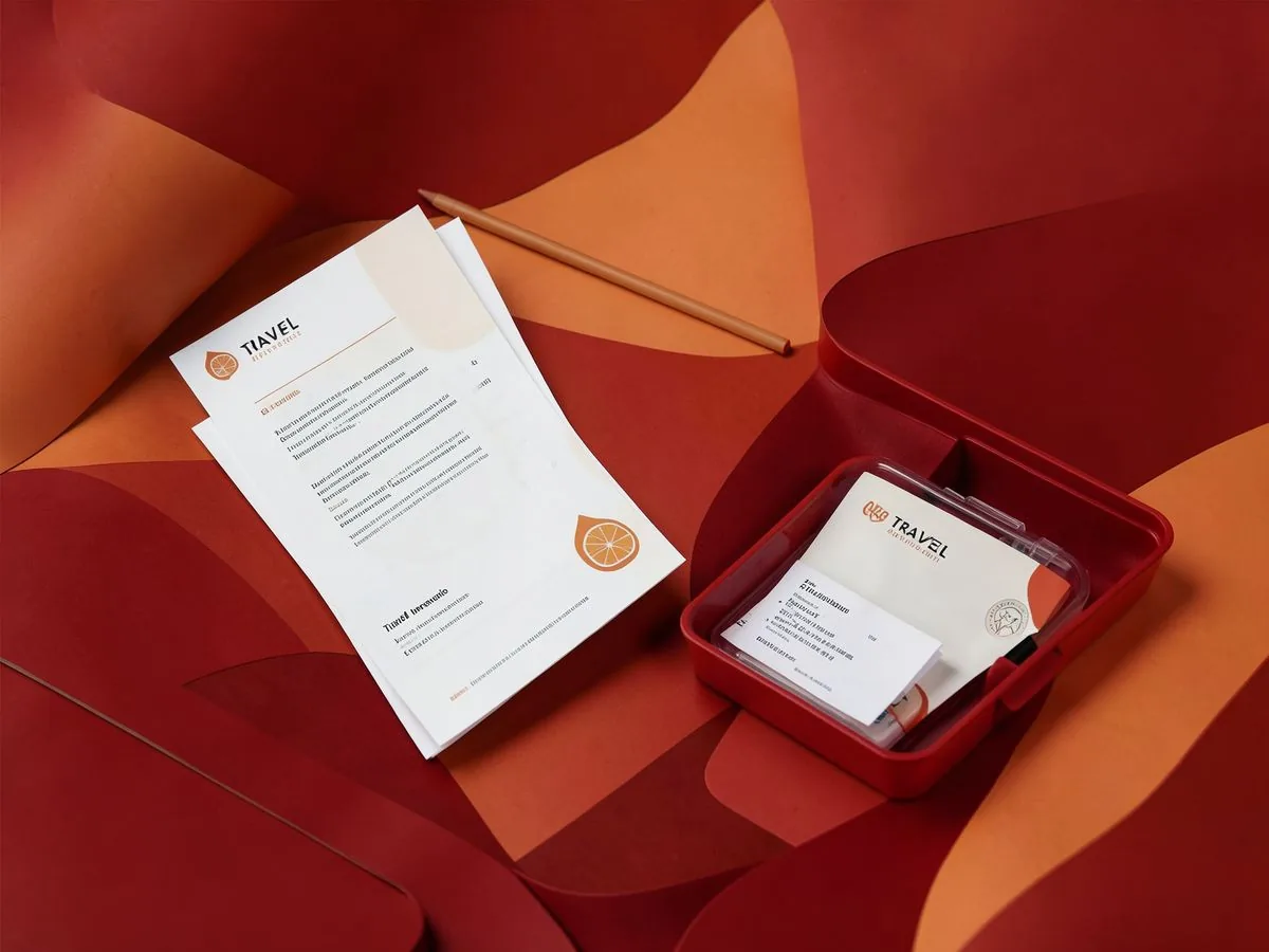 Travel insurance documents and medical kit on a table